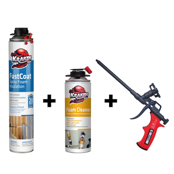 Krakenbond FastCoat Insulation Foam Spray, 27.1 oz, 1 Gun Use Can, 1 Spray Foam Gun, 1Spray Foam Cleaner, 3PK 1FC1FGC1SG - main